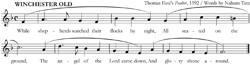 Verse 1 of 'While Shepherds Watched', with phrase-marks