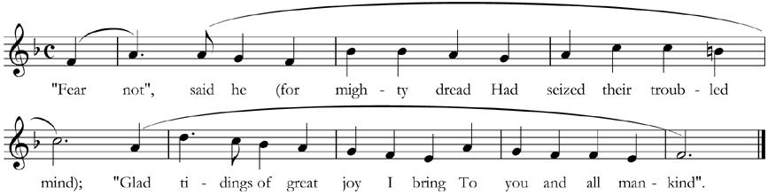 Verse 2 of 'While Shepherds Watched', with phrase-marks showing the different phrase-lengths in this verse