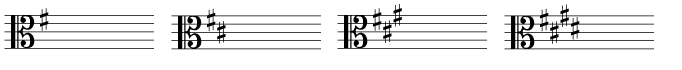 Alto clef key signatures from 1 to 4 sharps
