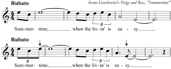 Anticipating the beat in Gershwin's 'Summertime', notated 'straight' (top) and as played syncopated (bottom)