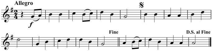 After reaching the end, play the music again, starting at the sign and ending at Fine
